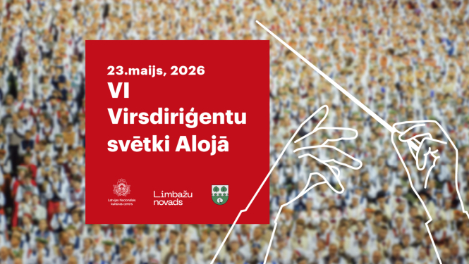 Miglains kopkoris un priekšplānā uzzīmētas diriģenta rokas ar zizli