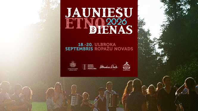 Jauniešu Etnodienu pasākuma plakāts ar muzicējošiem jauniešiem dabā