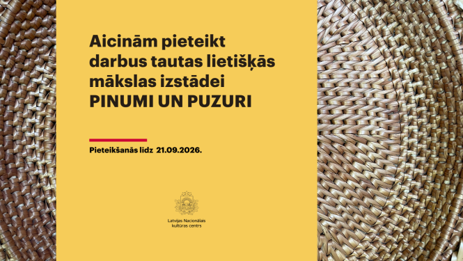 Aicinājums tekstā amatniekiem pieteikt darbus izstādei Pinumi un puzuri. Fonā pīts šķīvis