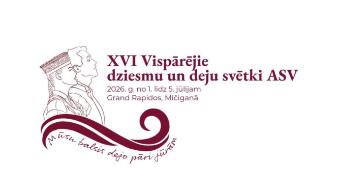 XVI Vispārējo dziesmu un deju svētku ASV vizuālā identitāte. Attēlā redzami stilizēti tautastērpā tērptas sievietes un vīrieša silueti, kā arī uzraksts: "XVI Vispārējie dziesmu un deju svētki ASV", "2026. g. no 1. līdz 5. jūlijam, Grand Rapidos, Mičiganā" un svētku devīze "Mūsu balsis dejo pāri jūrām".