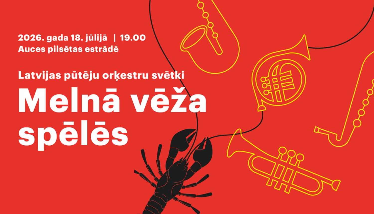 Koncerta vizuālis, kurā uz sarkana fona attēlots melns vēzis 