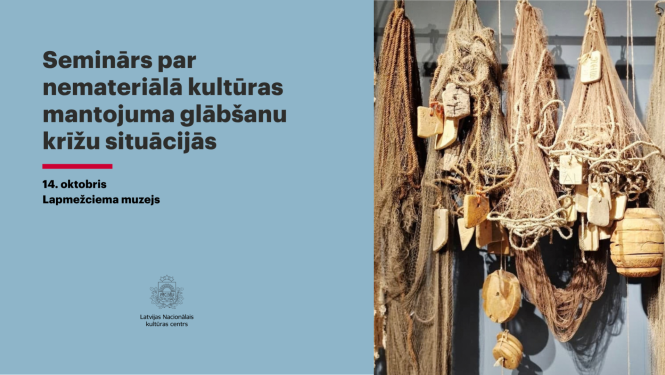 Informatīvs teksta bloka reklāmas baneris par semināru. blakus attēls ar zvejas tīkliem.