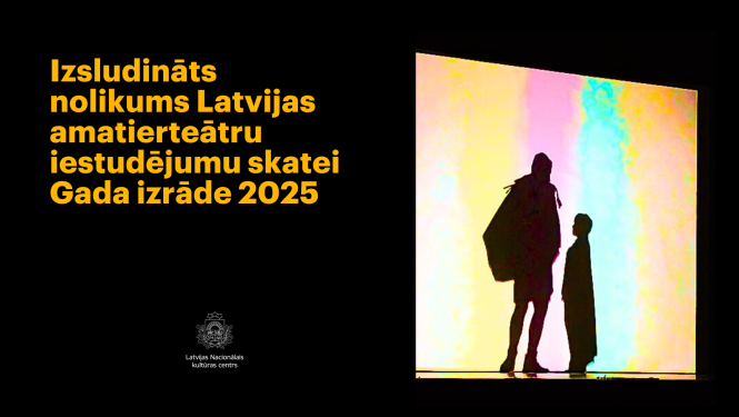 Vizuālis amatierteātru iestudējumu skates izsludināšanai. Gaišā, ieslīpā kvadrātā redzami divu cilvēku siluetii.