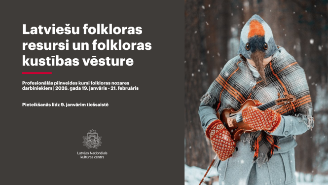 Meitene ārā ziemā, ir sniegs, viņai ir rūtaina villaine un pelēks mētelis, galvā filcēta dzērves maska, rokās oranži cimdi un vijole