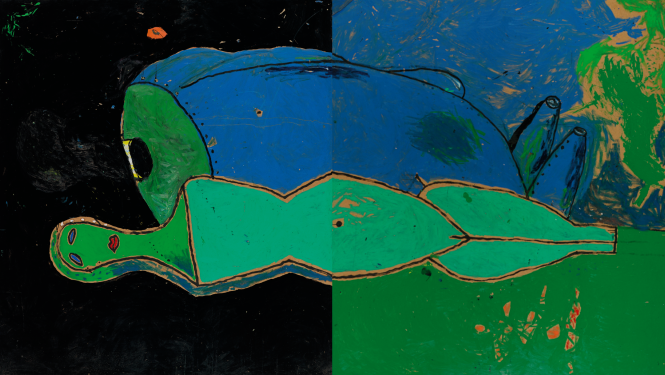 Aija Zariņa “Eiropas nolaupīšana”. 1989. Kartons, eļļa. LNMM kolekcija. Foto: Normunds Brasliņš