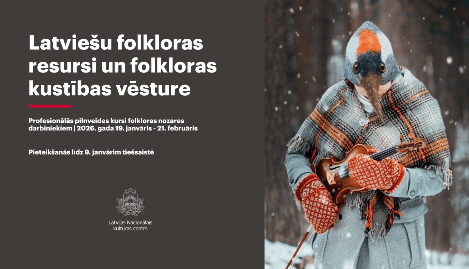 Meitene ārā ziemā, ir sniegs, viņai ir rūtaina villaine un pelēks mētelis, galvā filcēta dzērves maska, rokās oranži cimdi un vijole